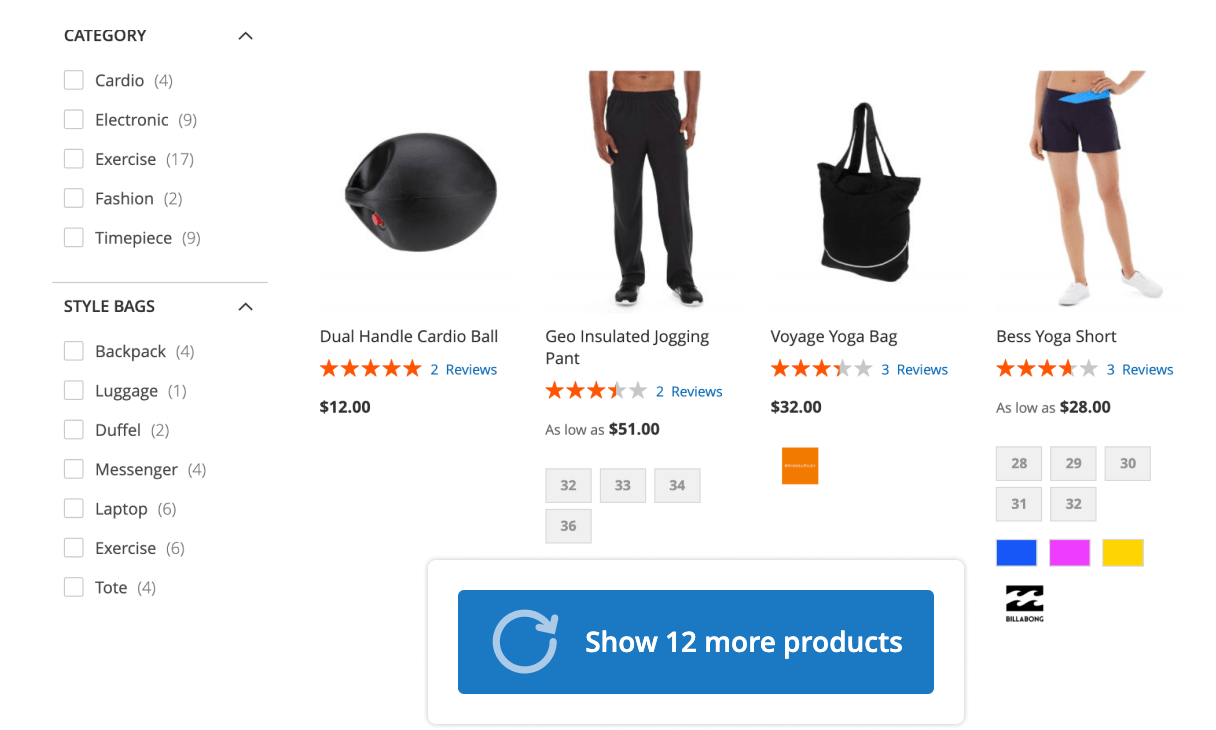 A Load More button in Mirasvit Magento 2 Layered Navigation module.