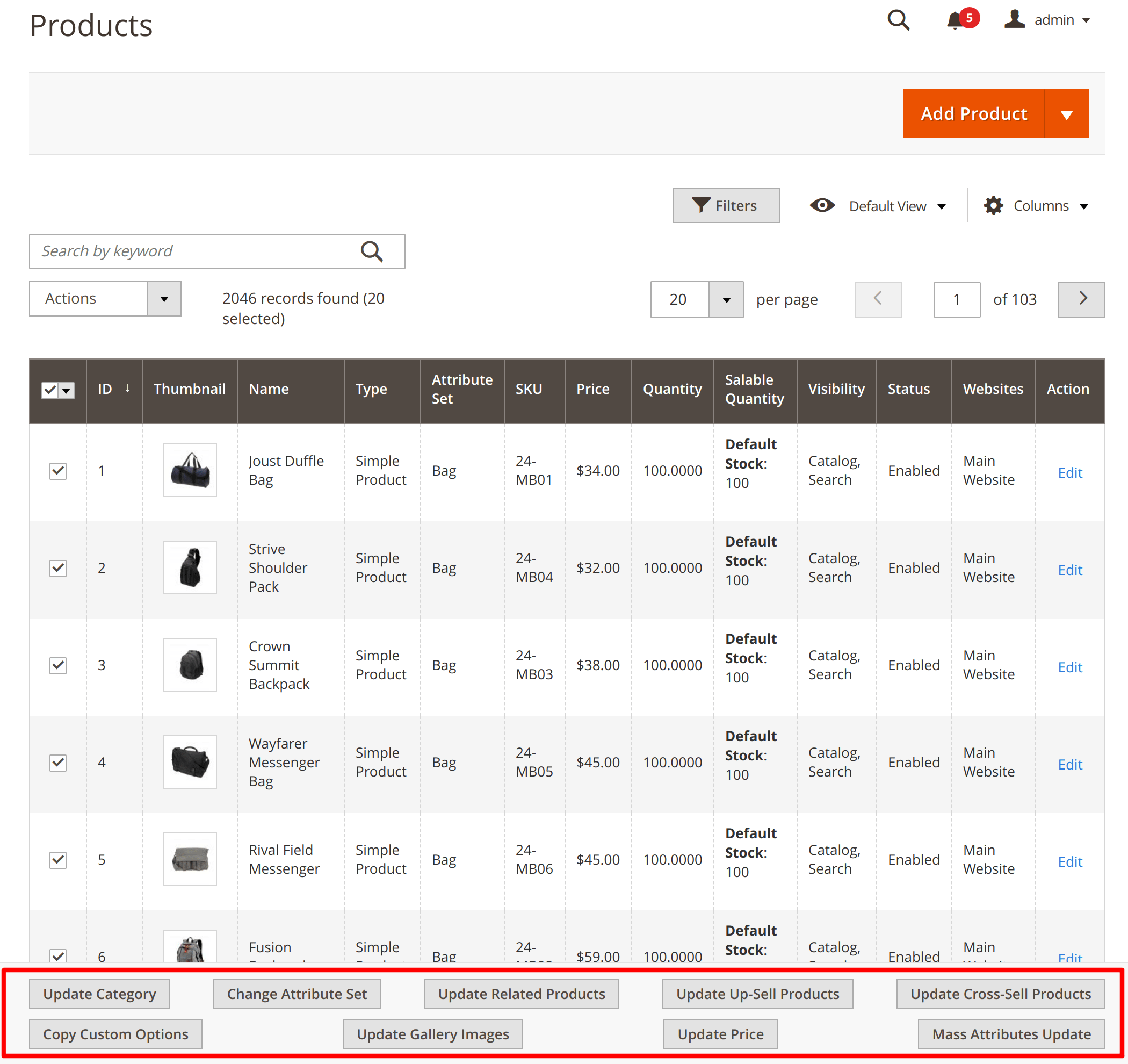 Bulk action buttons below the Magento 2 product grid in Mass Product Actions