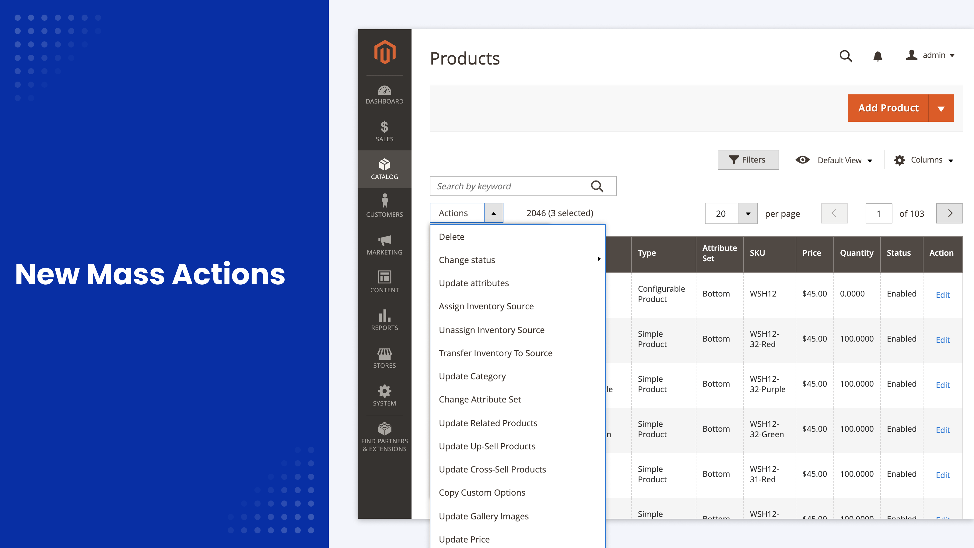 Bulk action buttons added to the Magento 2 product grid