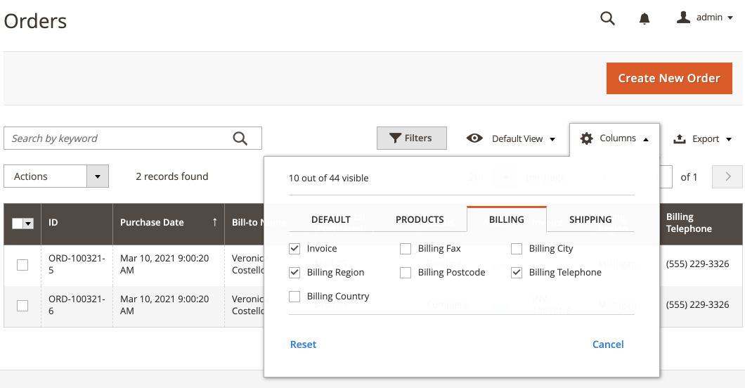 Billing columns in the orders grid