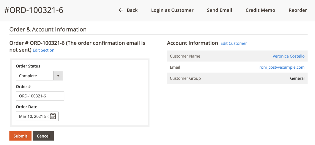 Order and account information section in edit mode