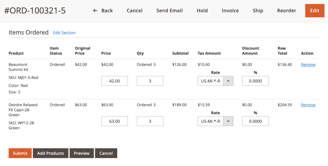 Editing ordered items with a preview of the new totals