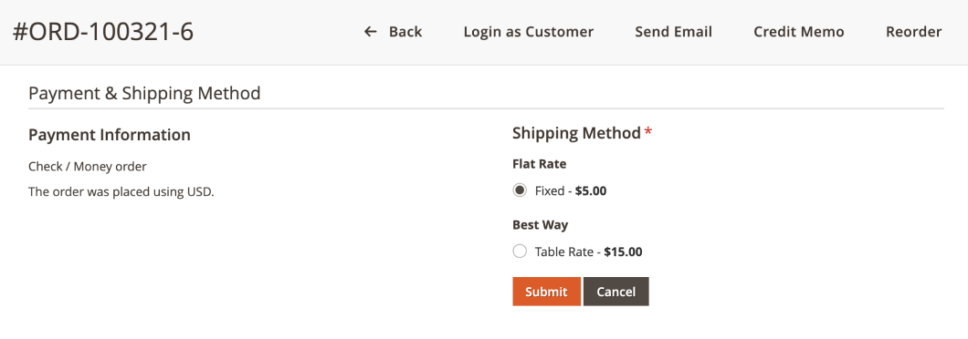 Shipping and payment method sections of an edited order