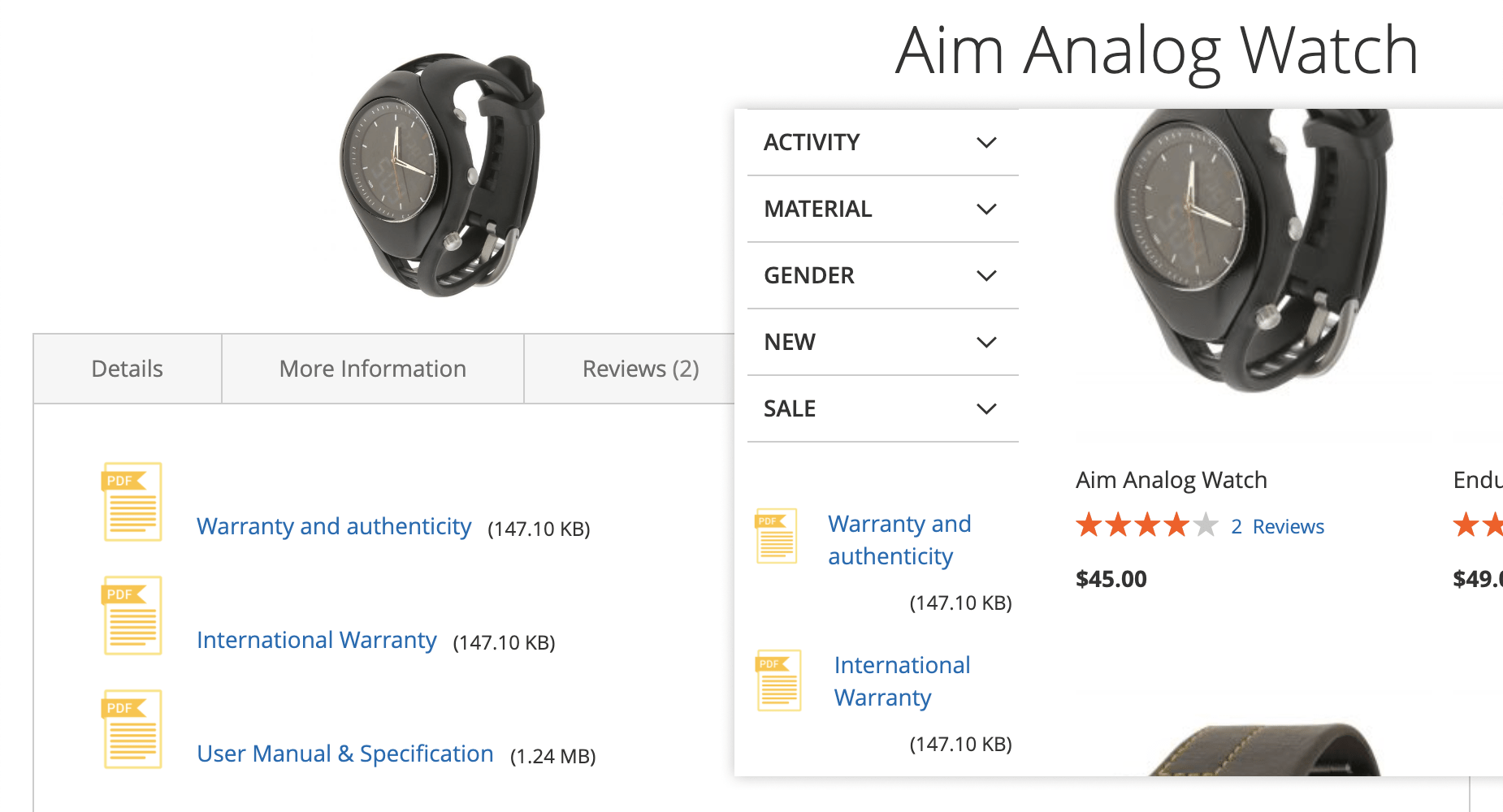 Product attachments on a product page, a category page and a CMS page