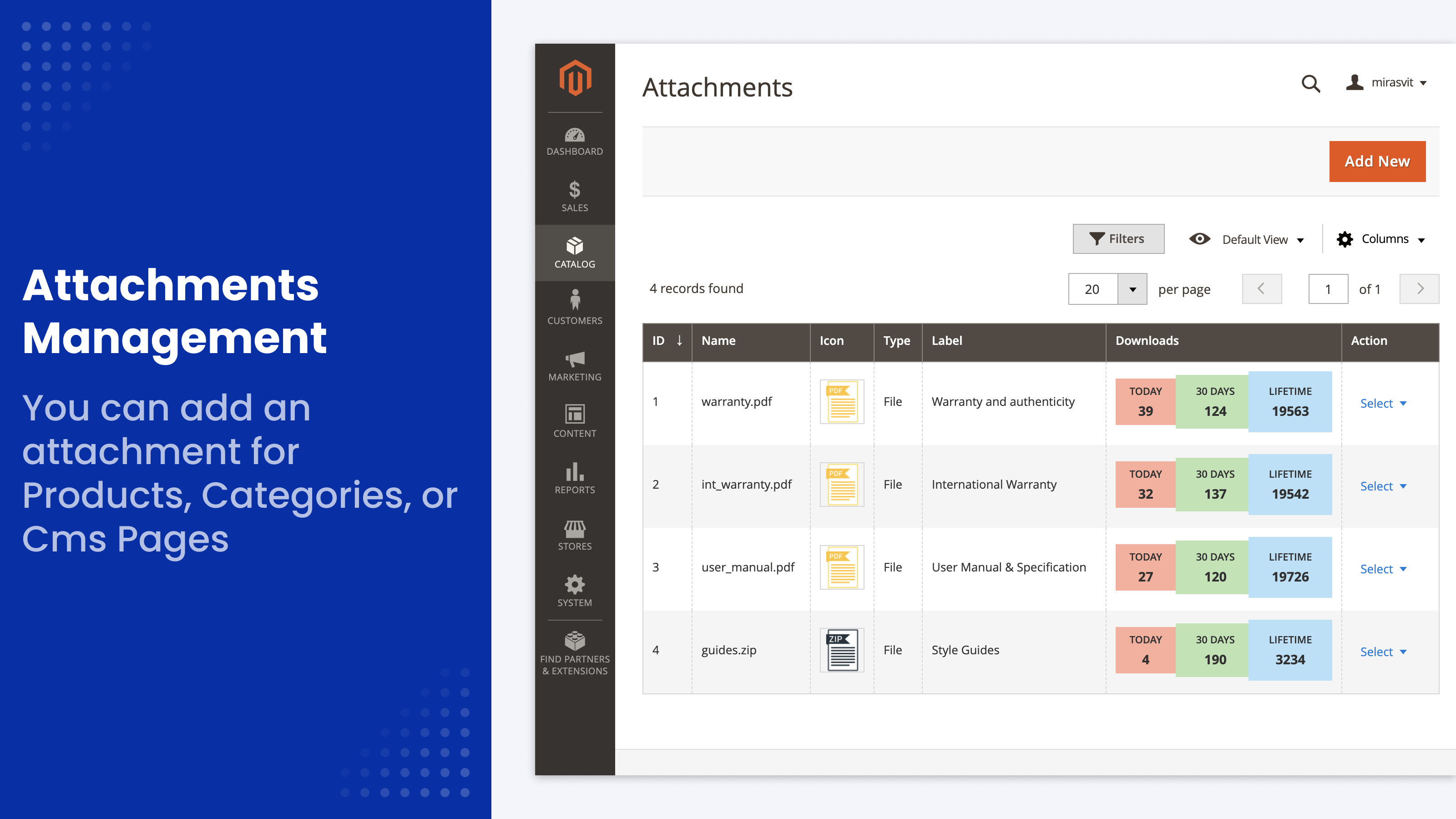 Attachments grid with download statistics