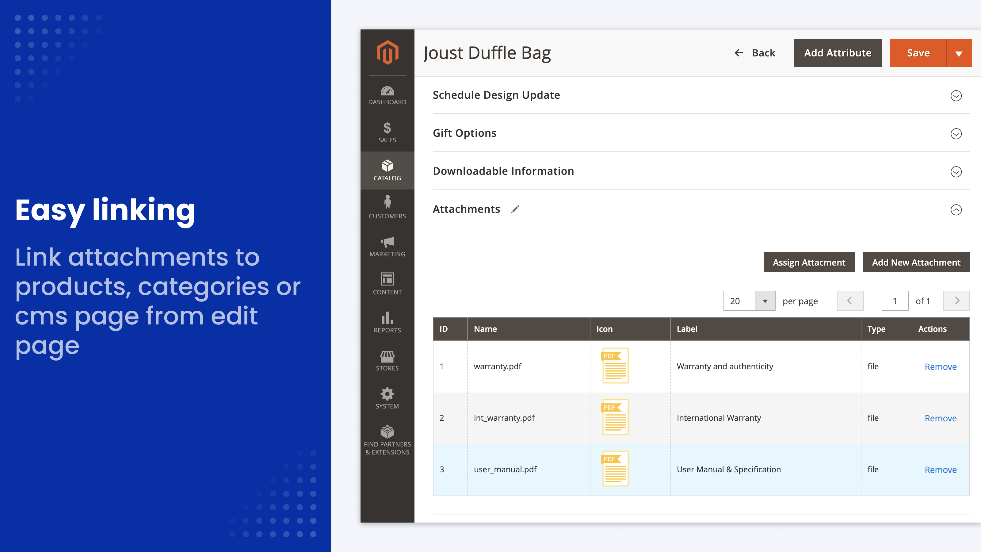 Assigning attachments from a product edit page