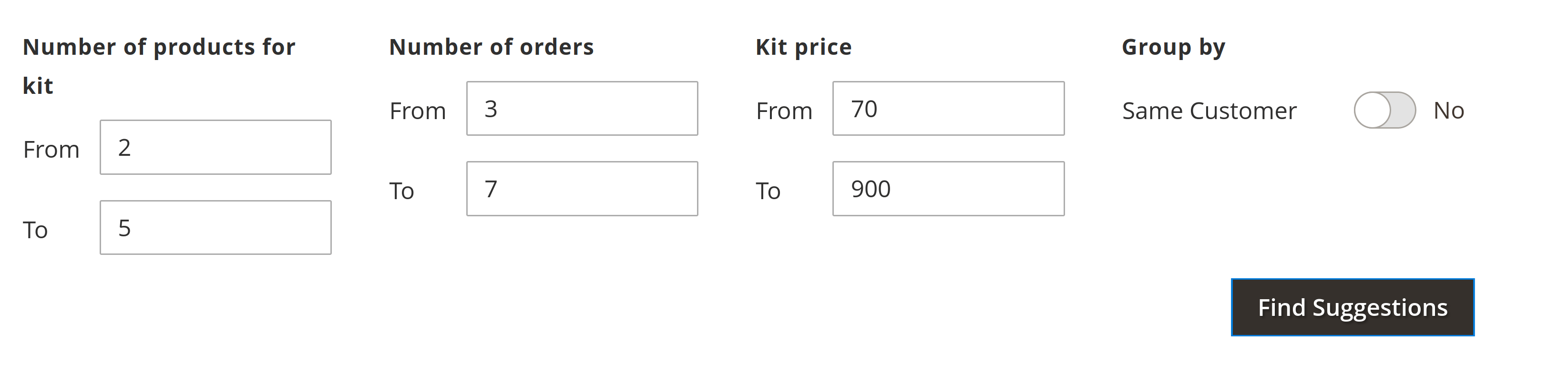 Suggest Kits filters in the Magento 2 Product Kits admin