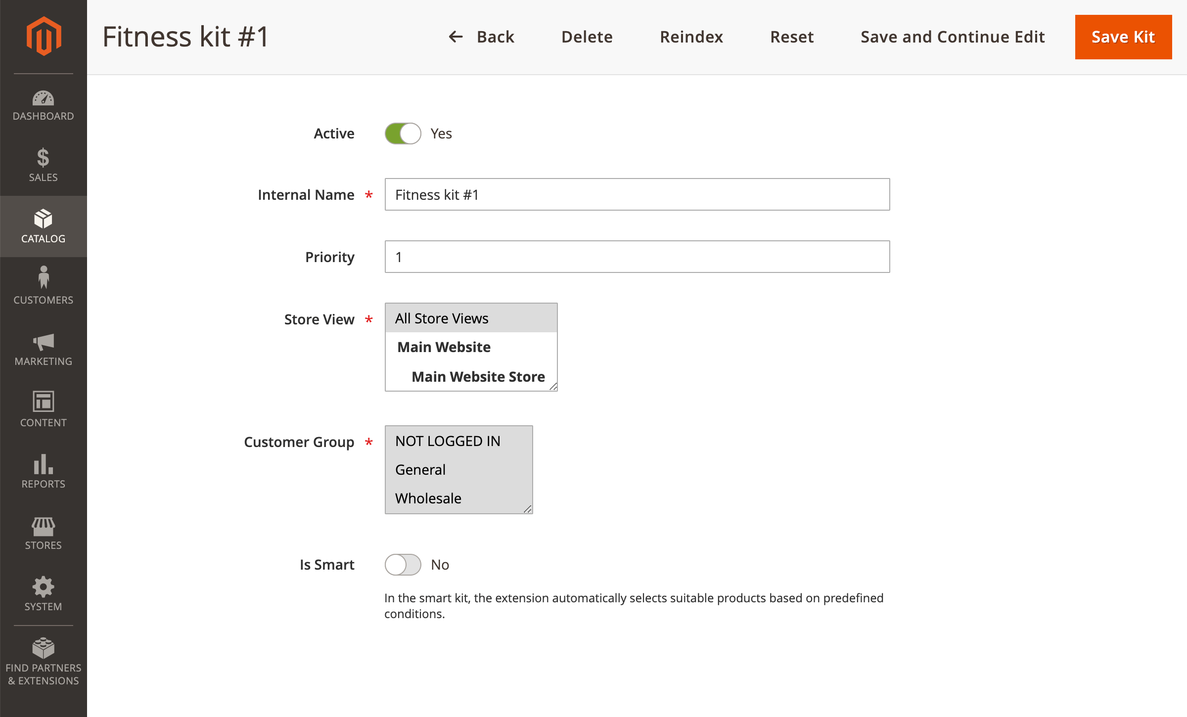 Kit settings: store views, customer groups and priority