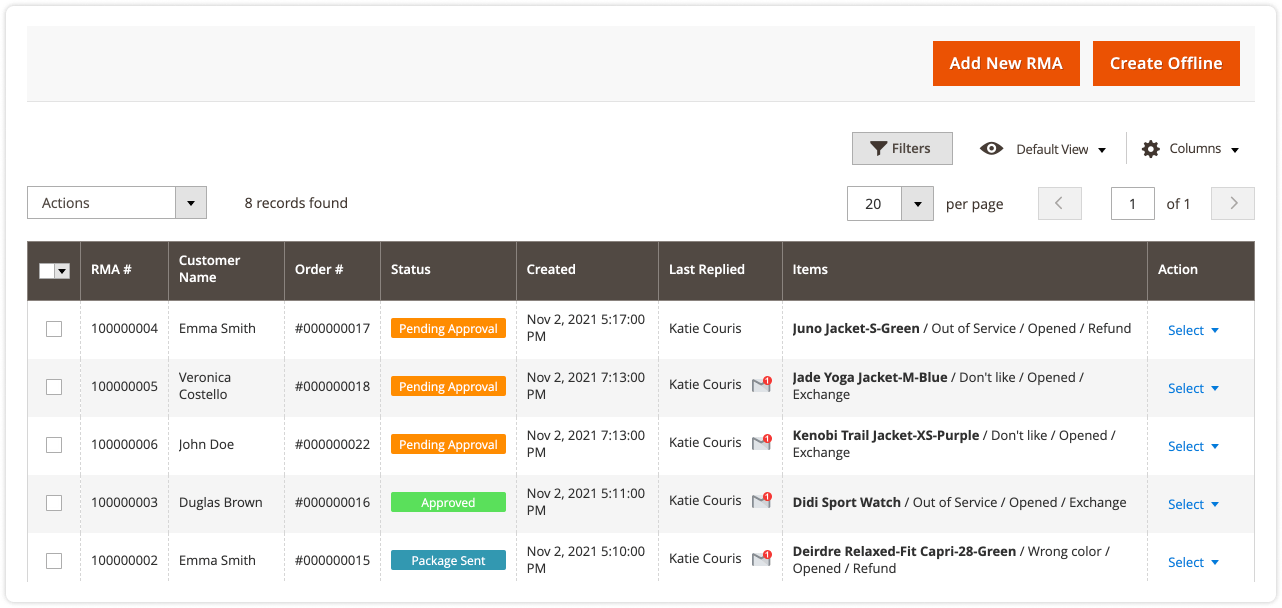 RMA grid in the Magento admin