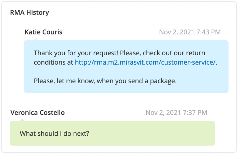 Message thread on an RMA