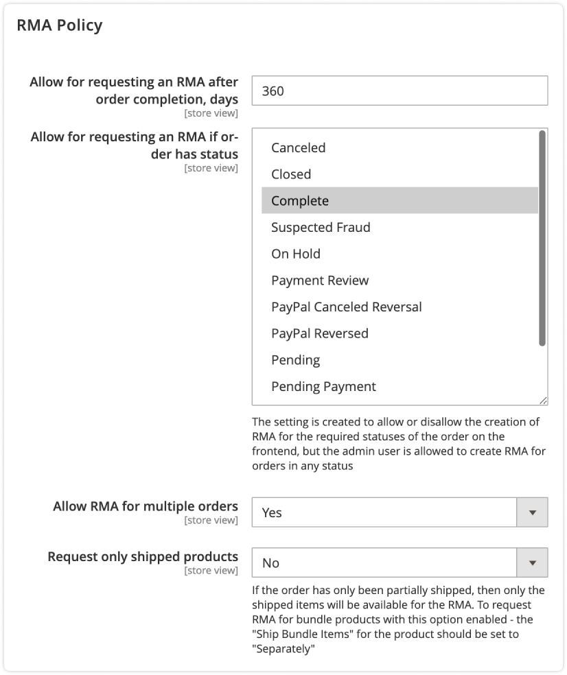 RMA policy settings