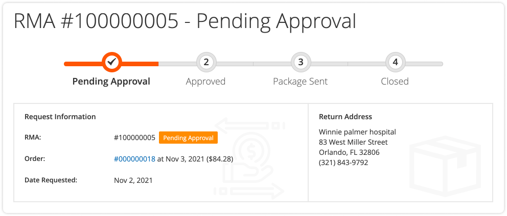 RMA page in the customer account