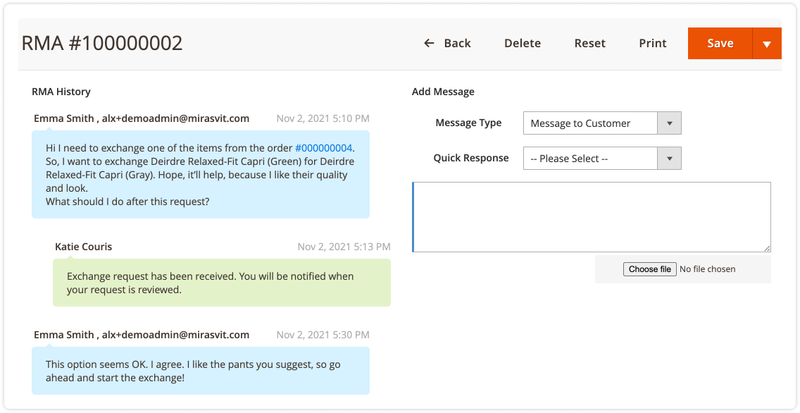 Full history of an RMA in the admin