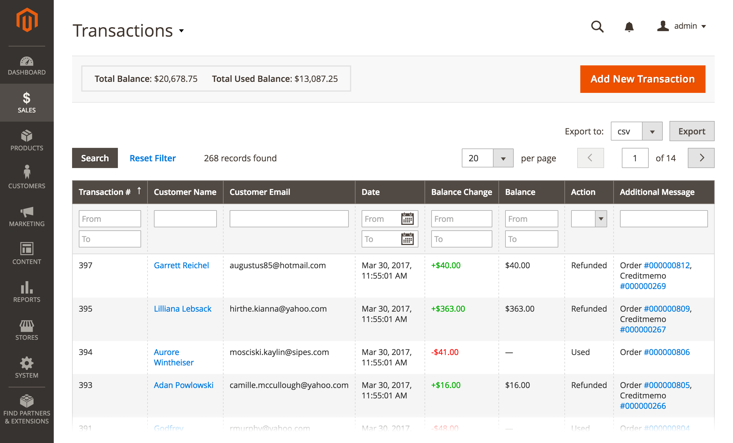 Store credit transactions grid in the admin