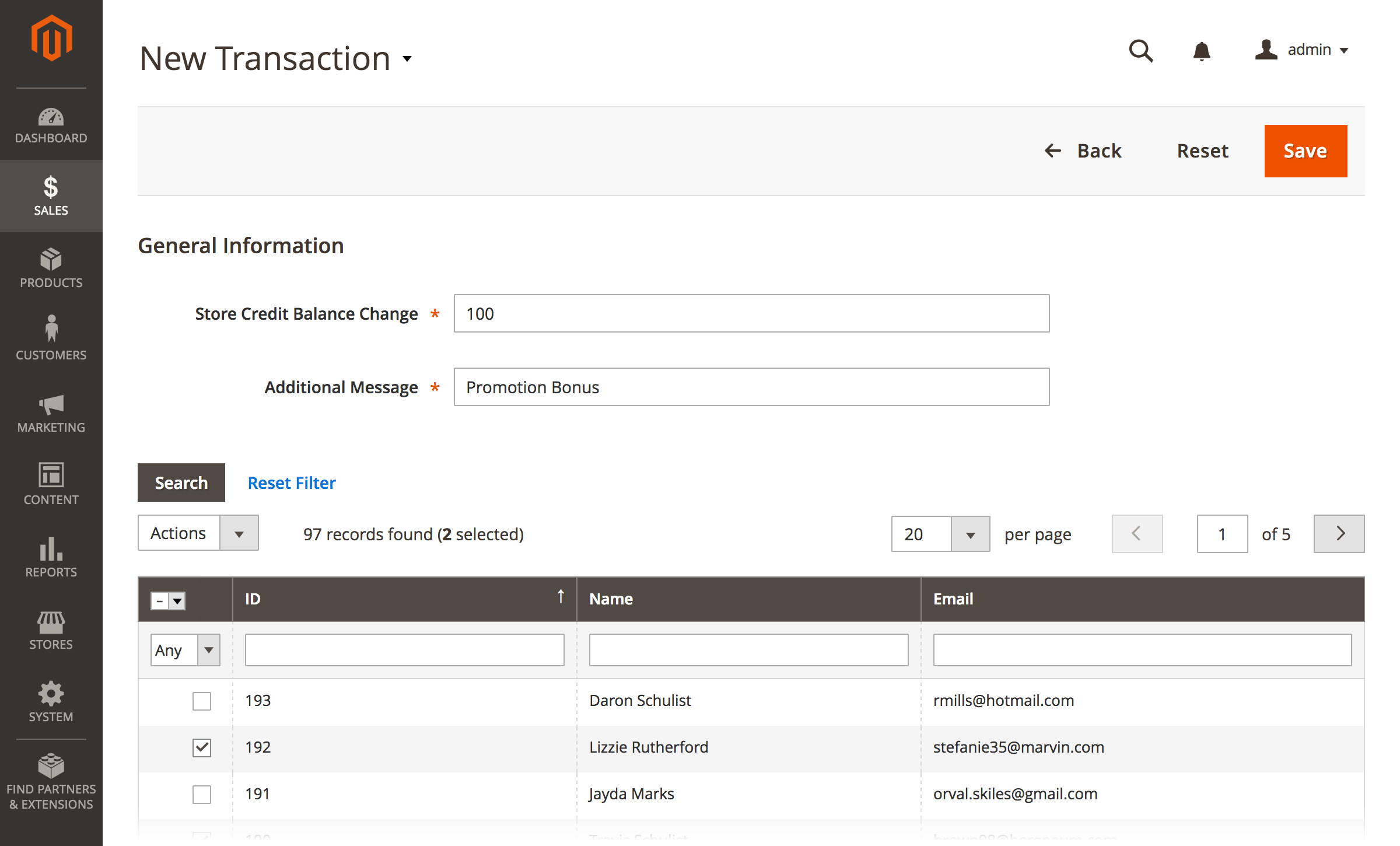 New transaction for selected customers