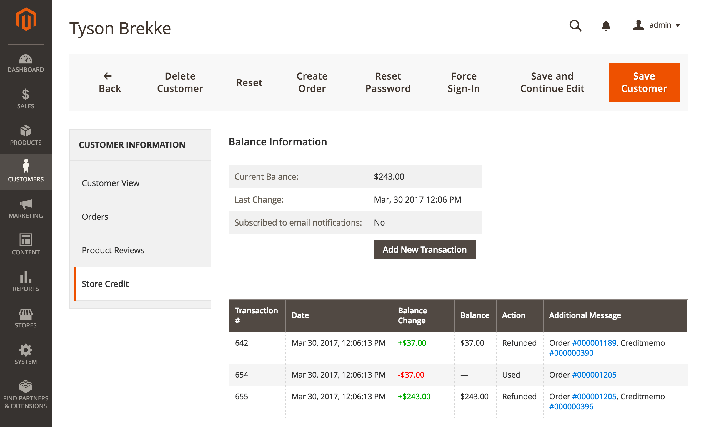 Store Credit tab in the customer account
