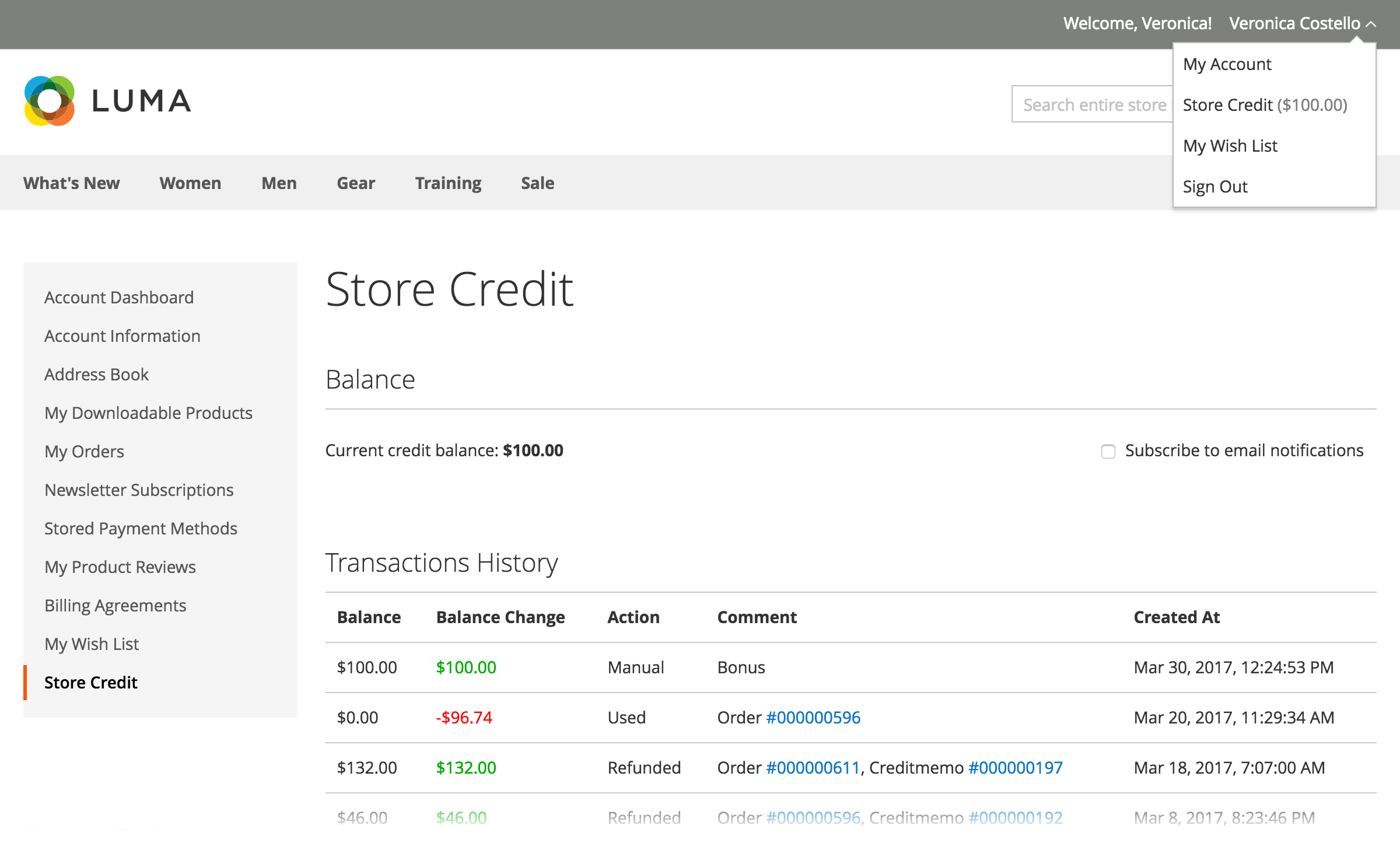 Customer balance and transaction history