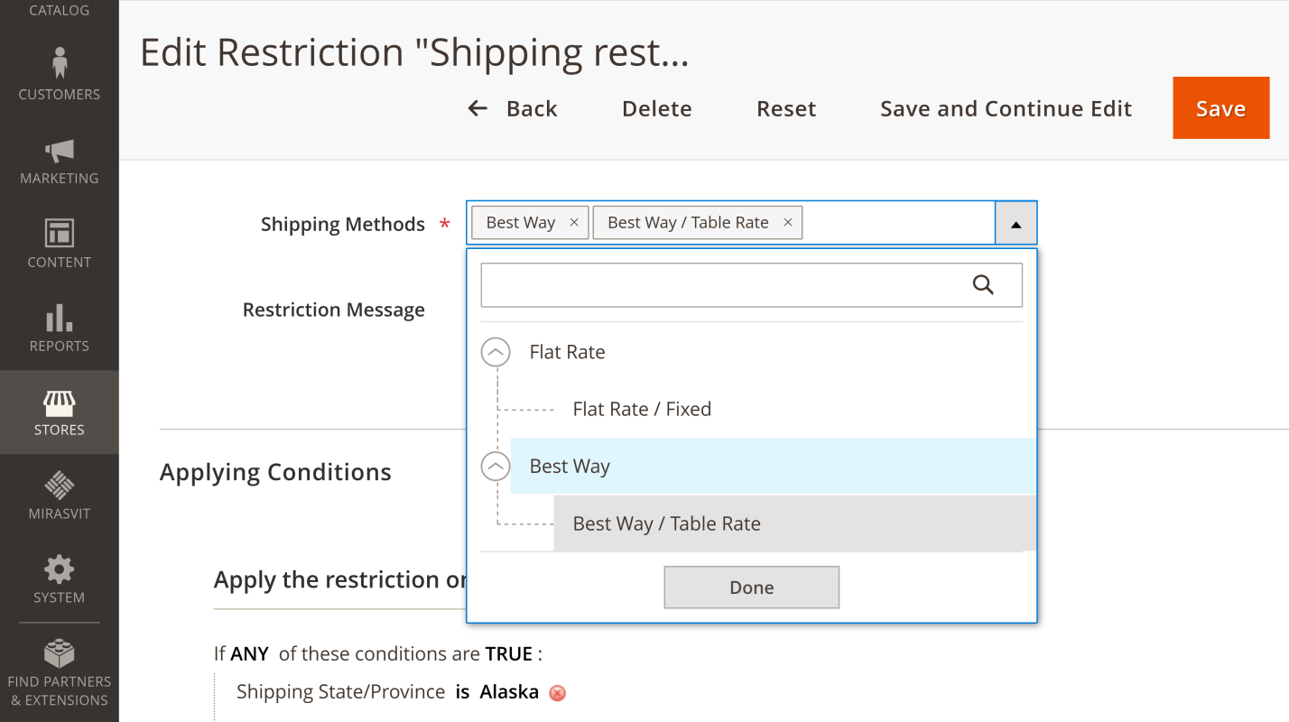 Store view, customer group and carrier settings of a restriction rule