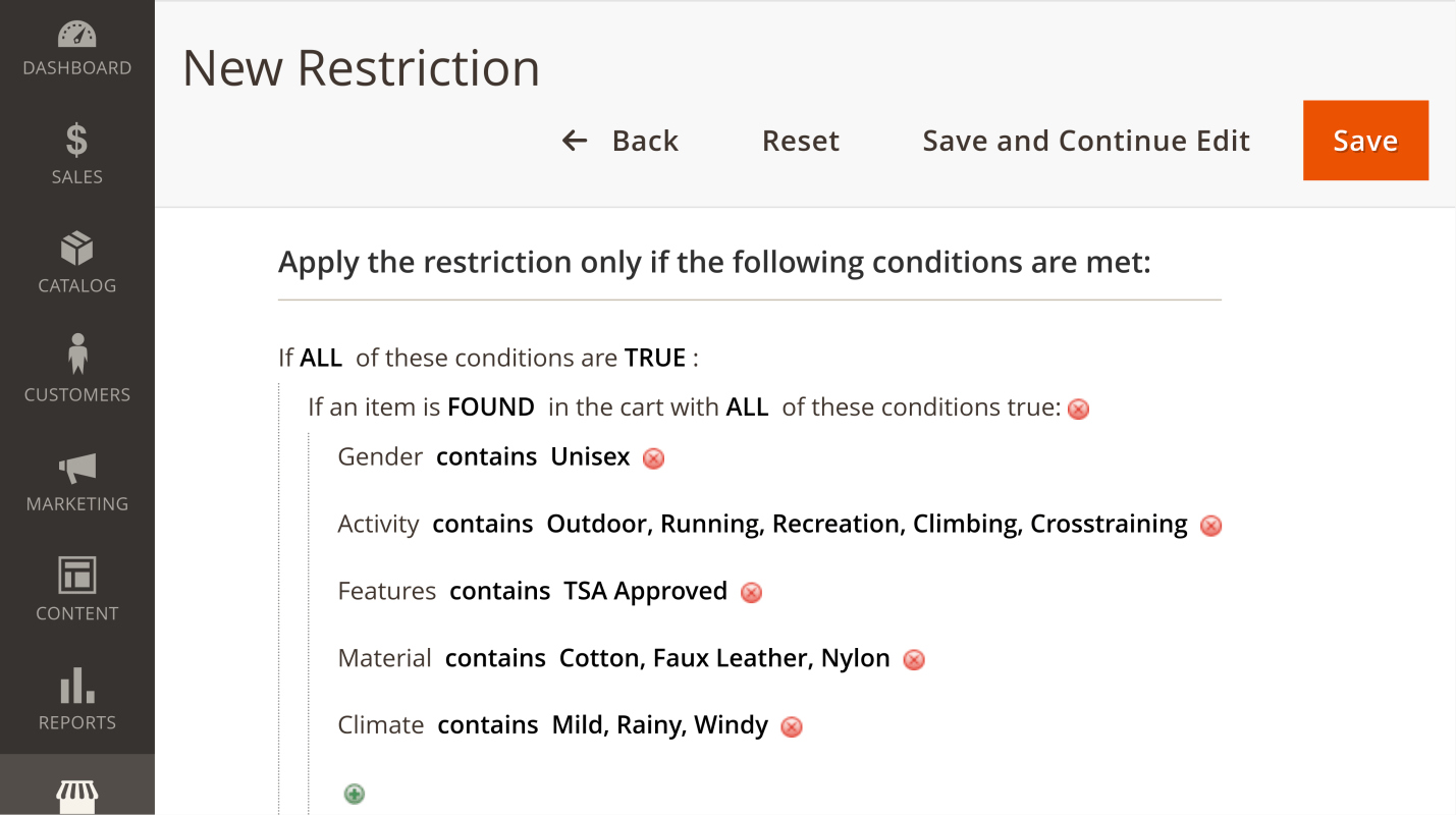 Product attribute conditions in a shipping restriction rule