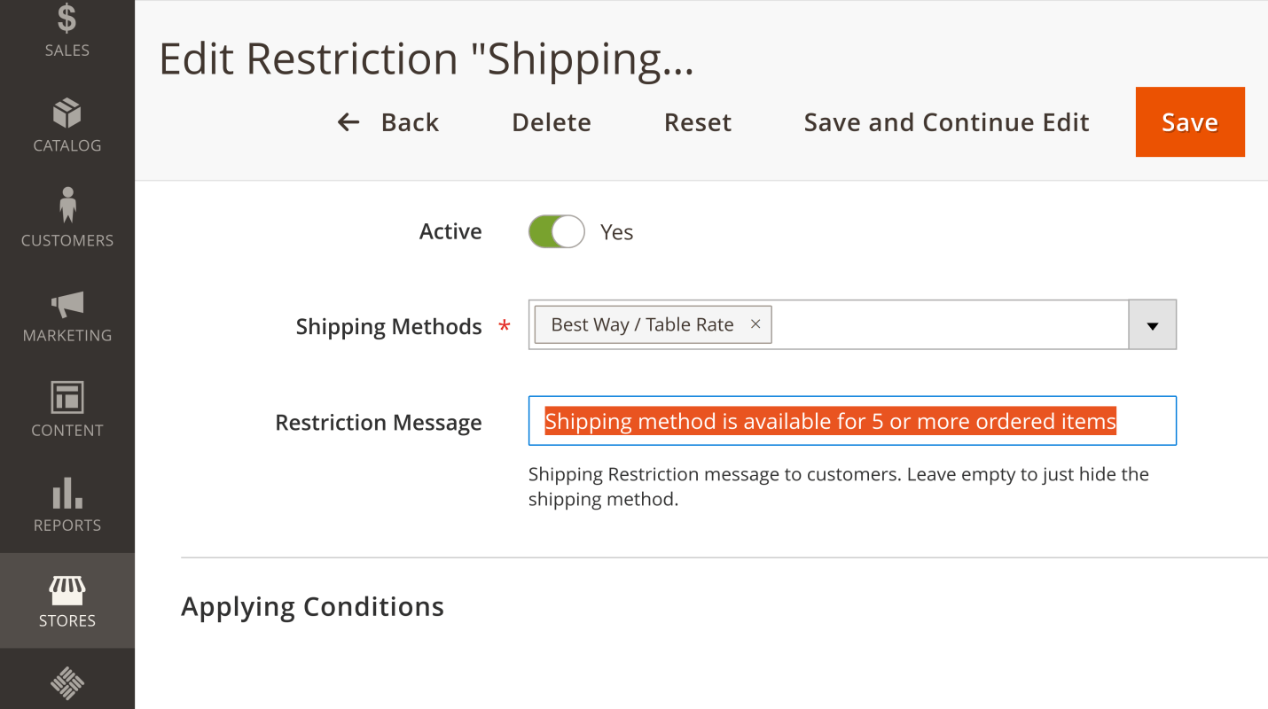 Restriction message shown next to an unavailable shipping method
