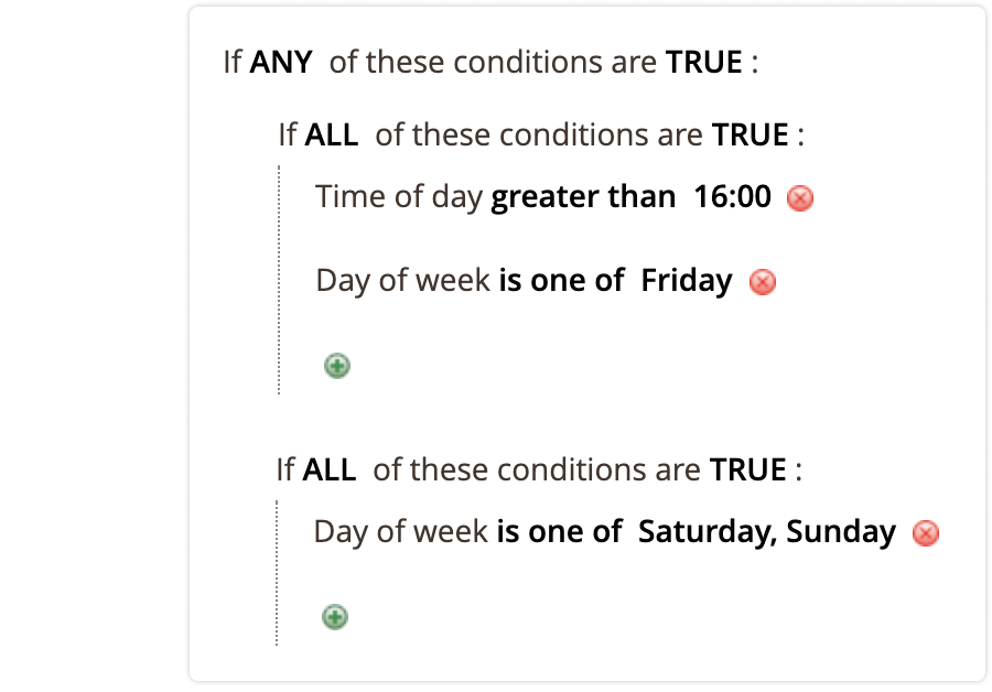 Day of week and time of day conditions