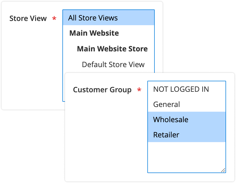 Store view and customer group settings of a rule