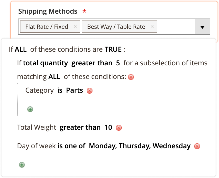 Selecting shipping methods for a rule