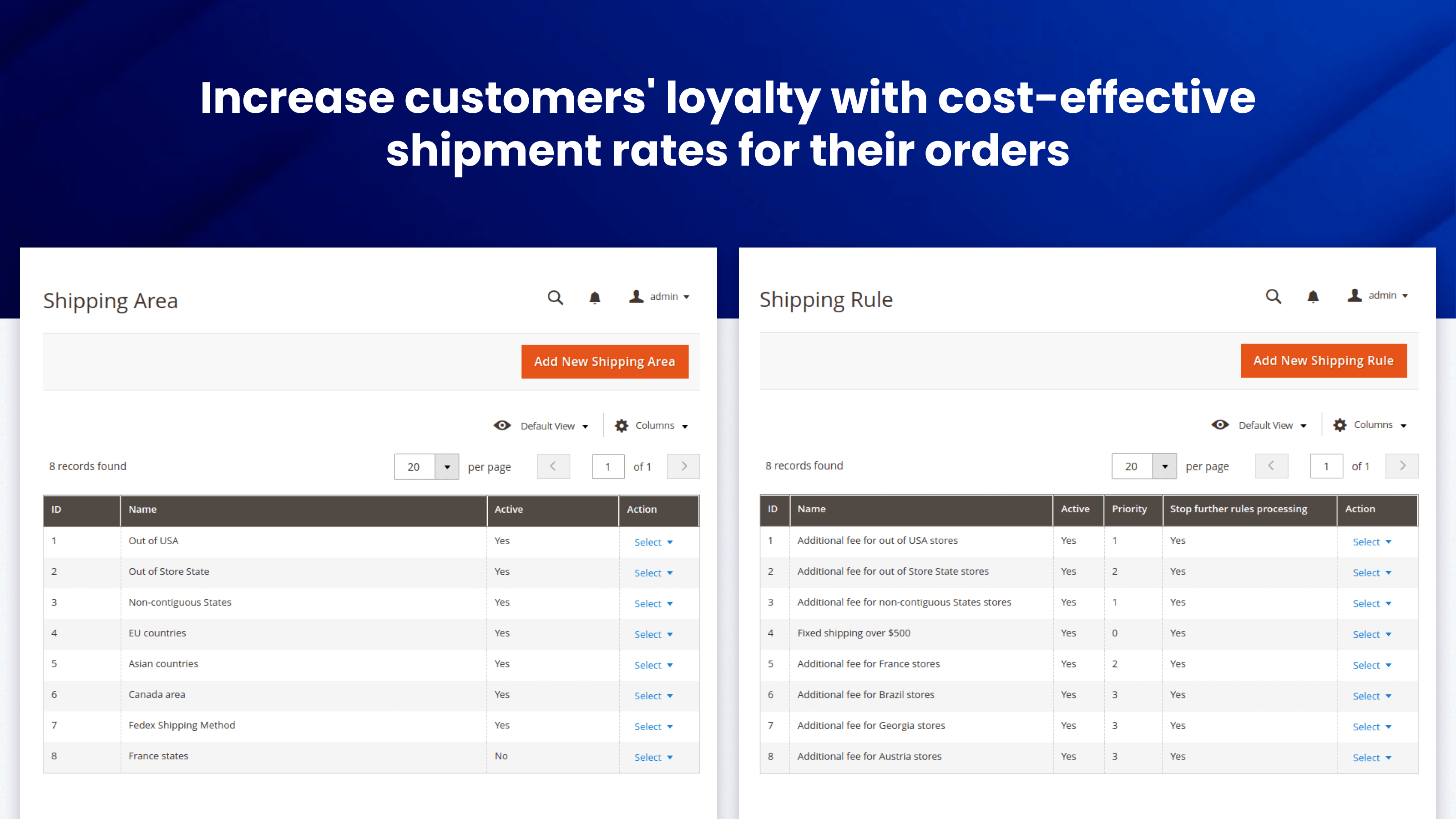 Shipping Areas and Shipping Rules grids