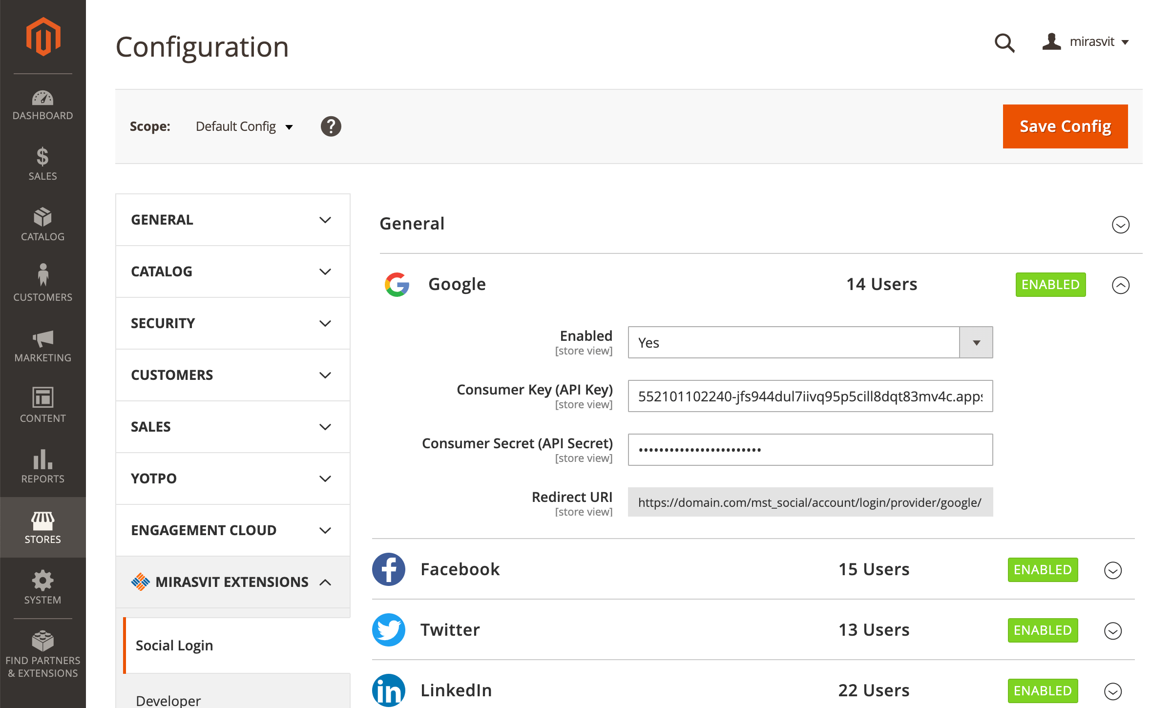 Network settings with the number of customers using each one