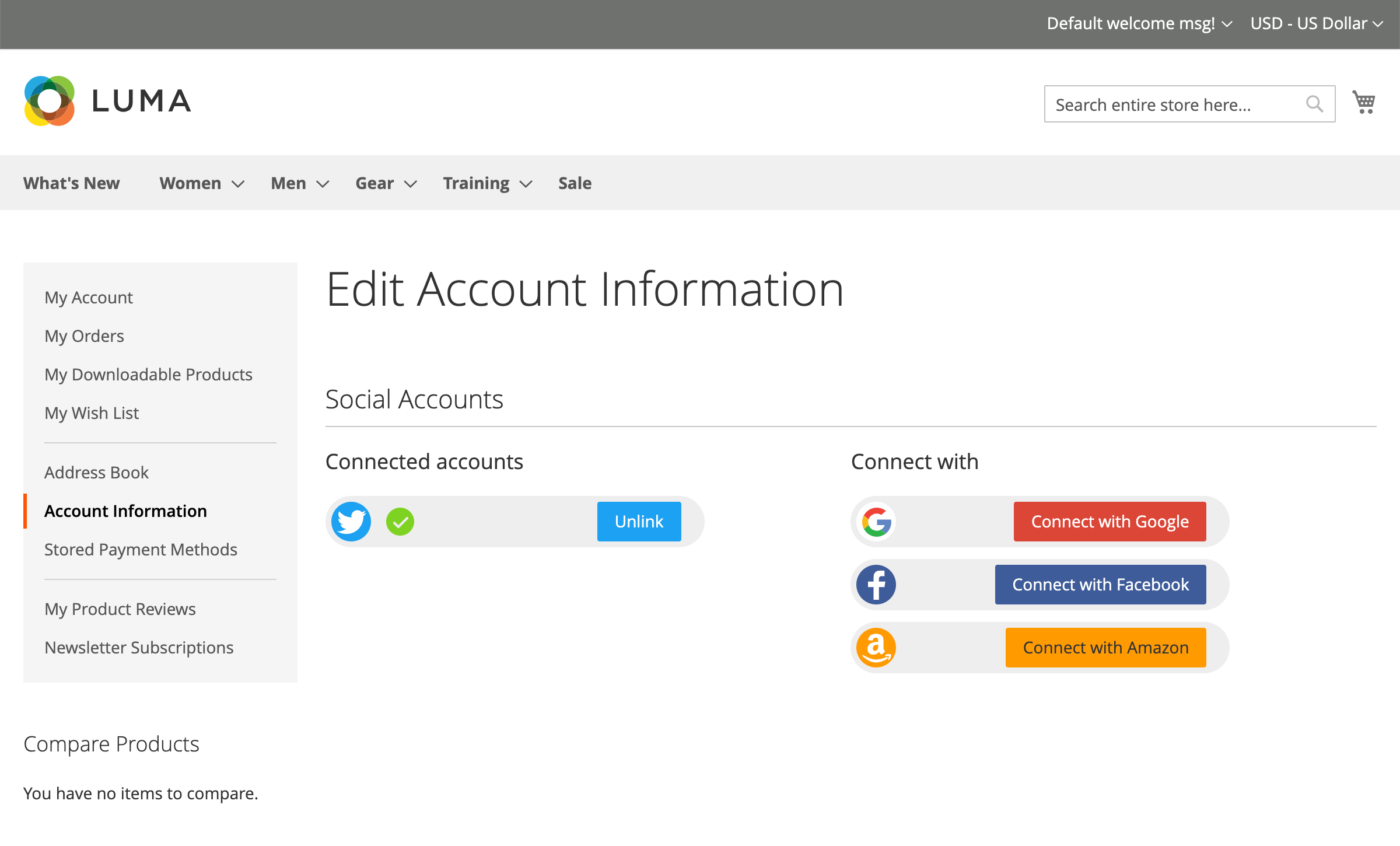 Social Accounts in My Account: connect and unlink