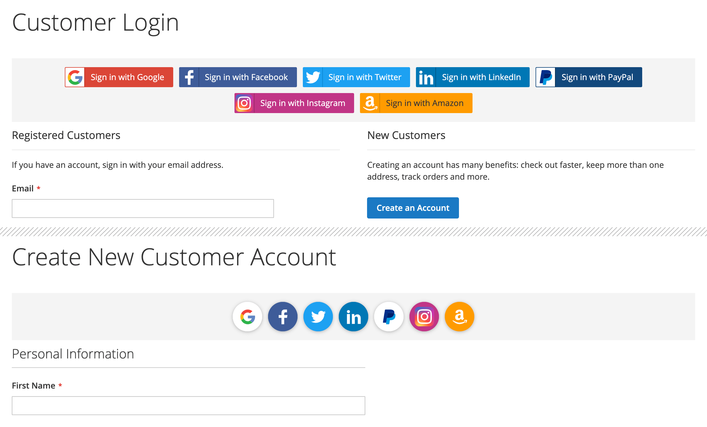 Sign-in buttons on the login page and icons on the registration page