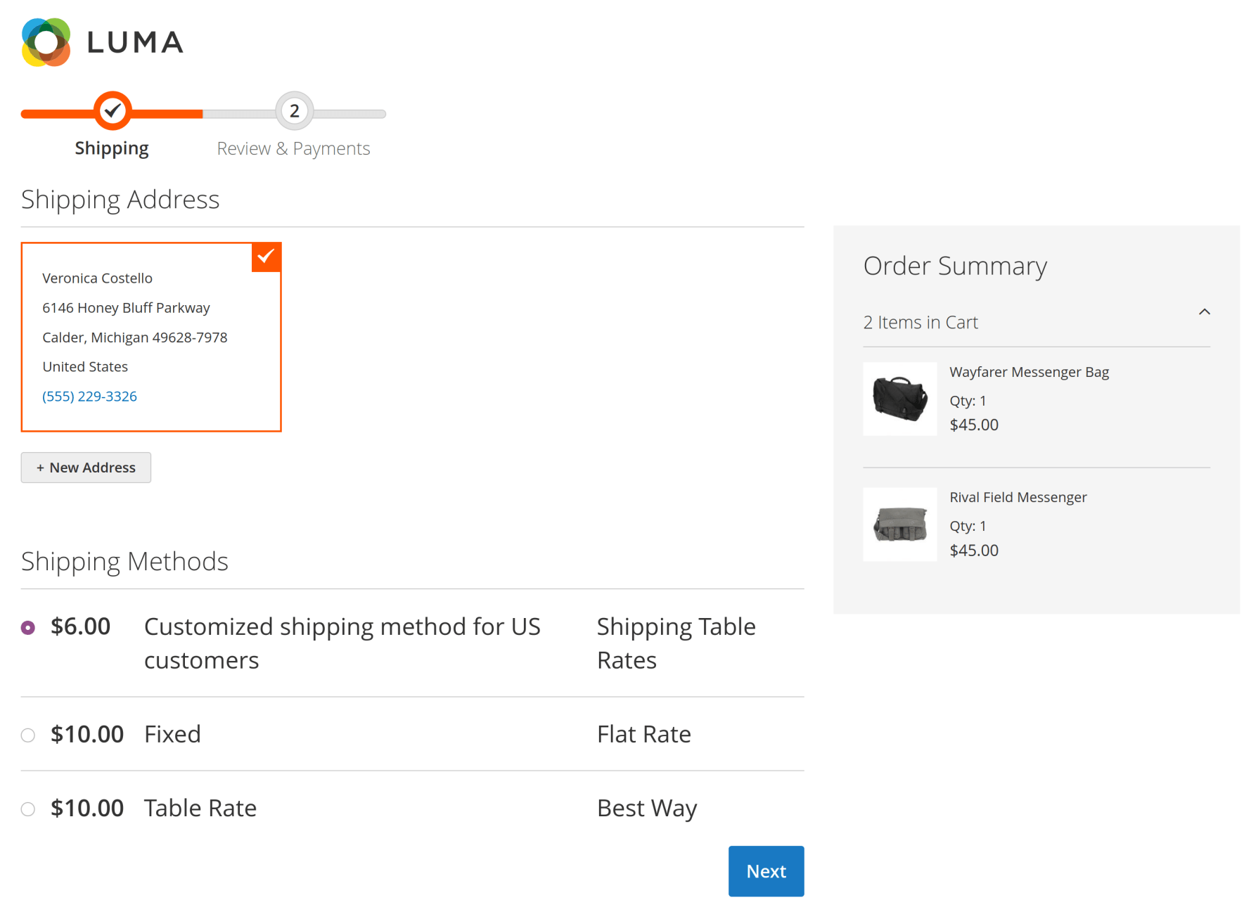 Custom table-rate shipping methods listed at checkout