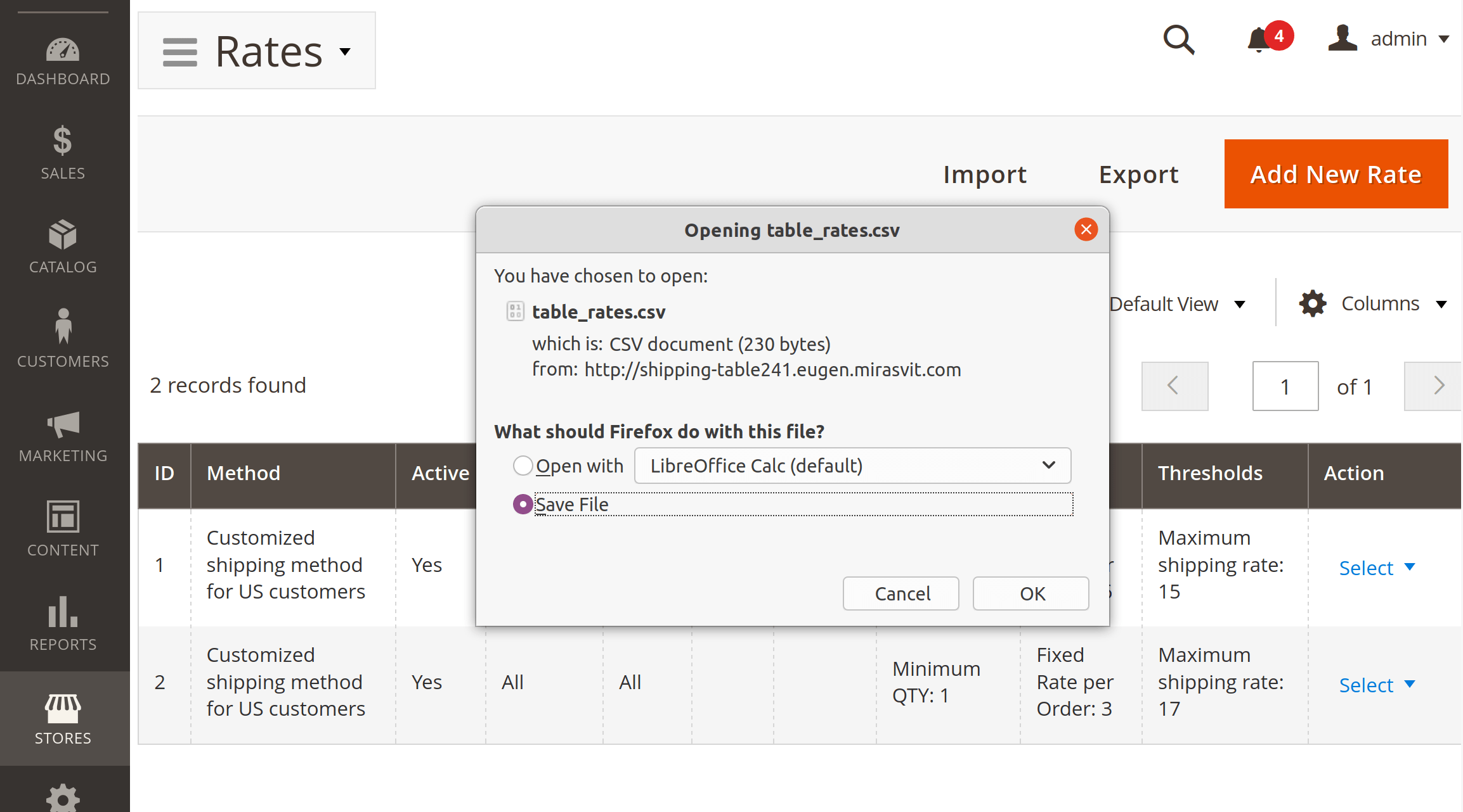 Import and export of shipping table rates in CSV