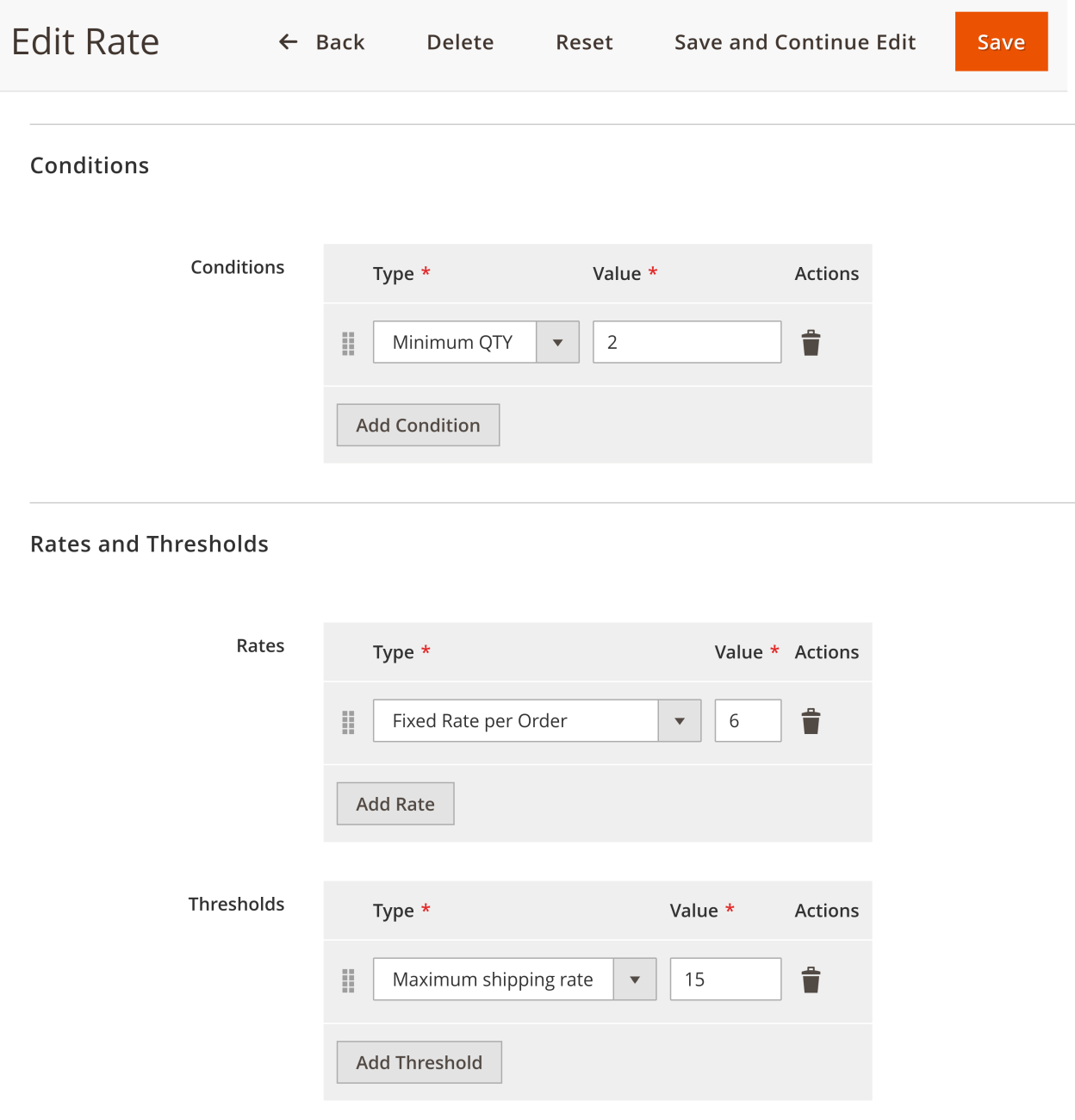 Rate settings with calculation types and minimum and maximum charge