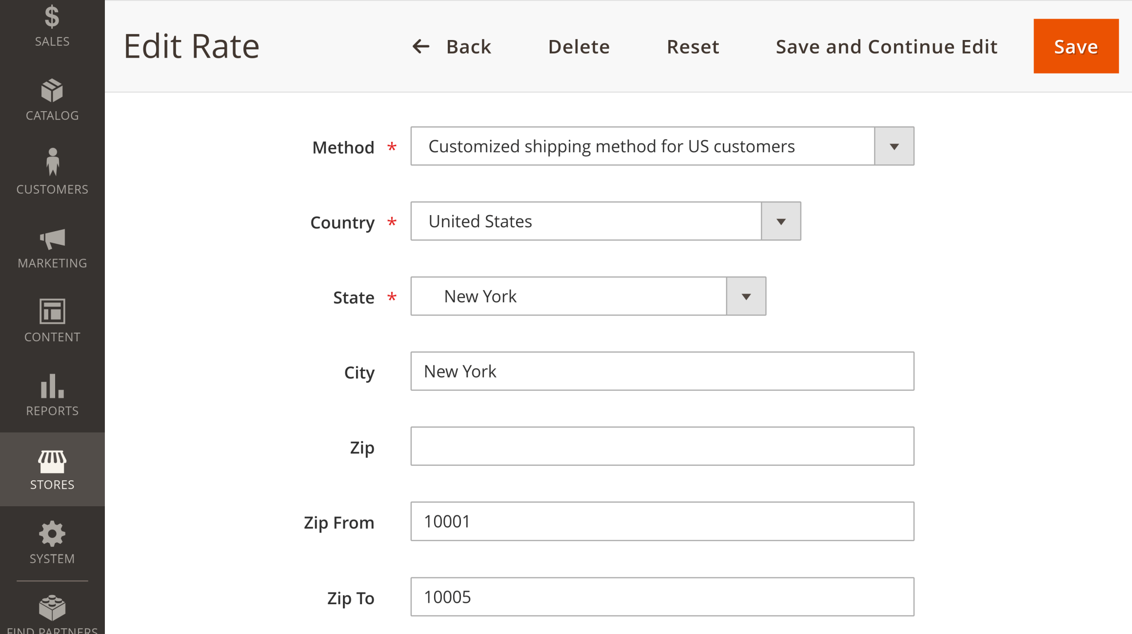 Destination settings of a shipping rate