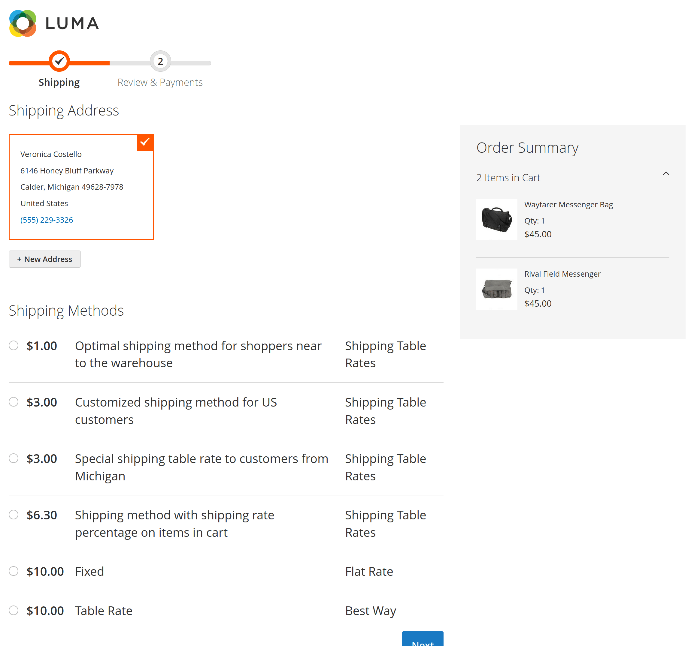 List of shipping table rates for one method in the admin