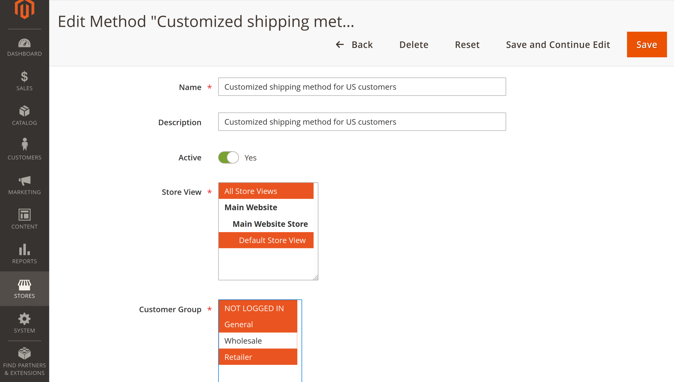 Shipping method settings with store views and customer groups