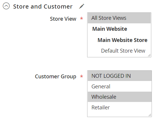 Customer groups and store views in a surcharge rule