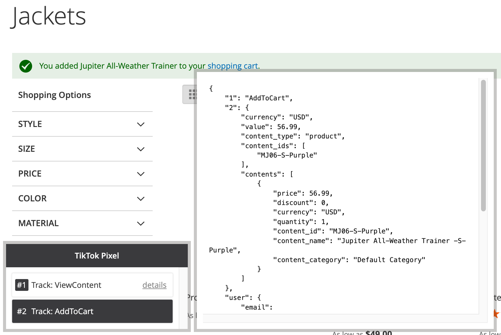 Debug toolbar on a category page showing the AddToCart event data sent to TikTok