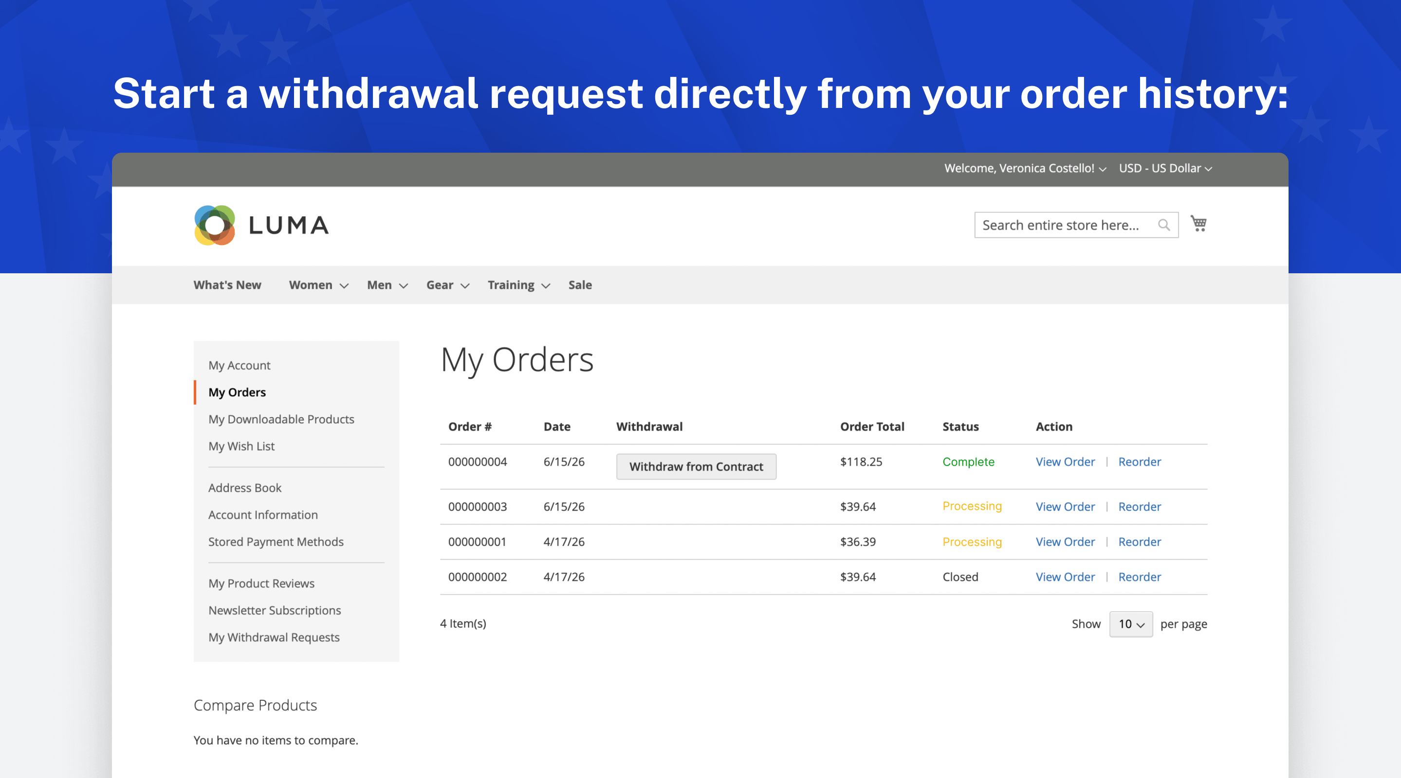 Withdrawal button in the customer's order history