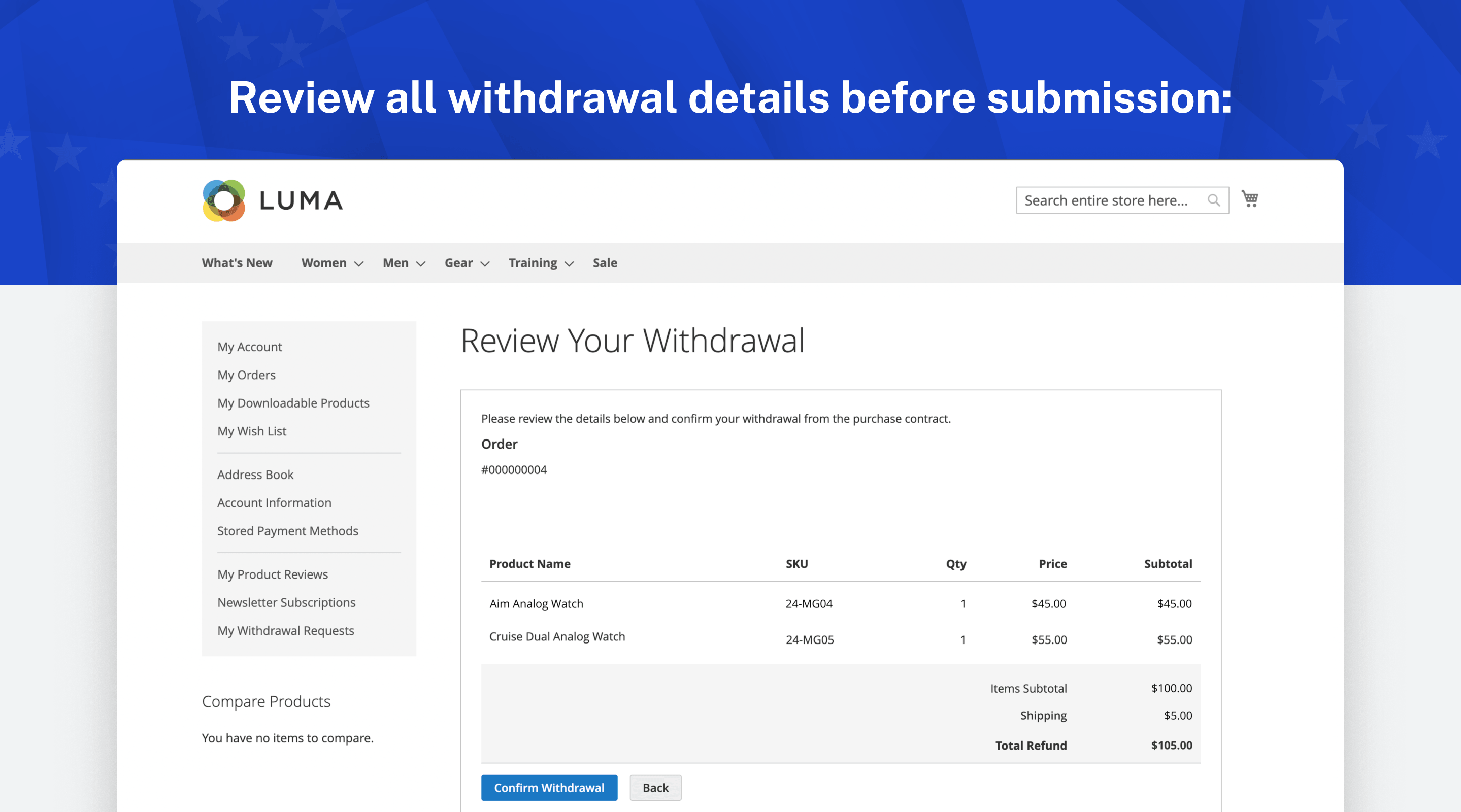 Review step before the customer confirms the withdrawal