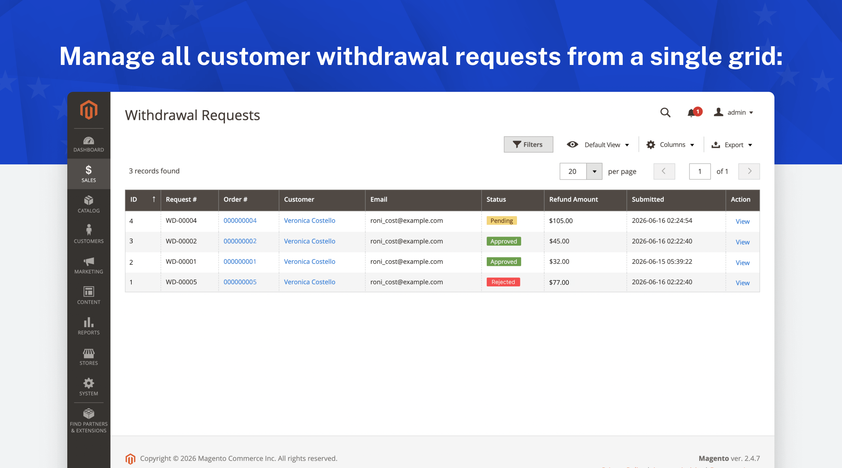 Admin grid of withdrawal requests with filters and export