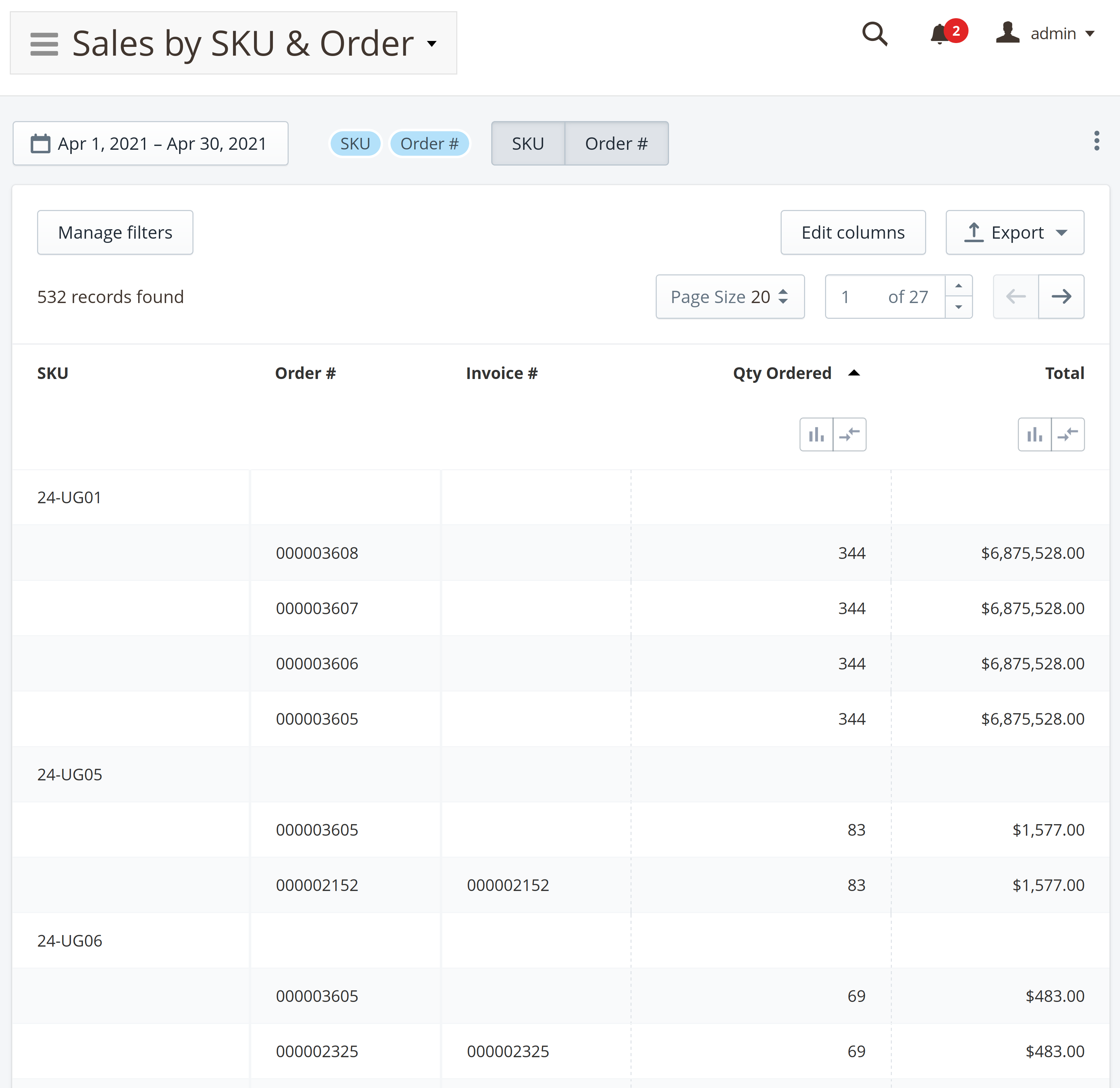 Custom report that displays sales by the SKU and the order number in Mirasvit Advanced Reports Magento 2 module