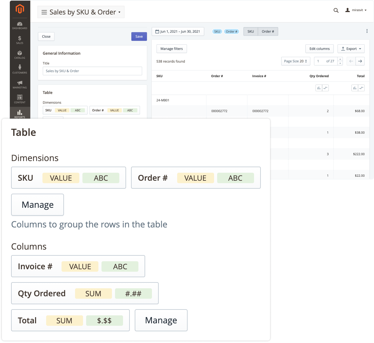 Report builder in Mirasvit Advanced Reports Magento 2 extension