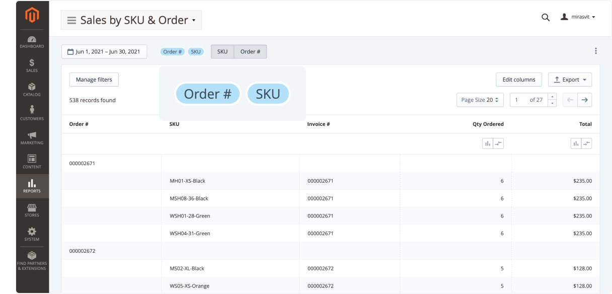 Grouping the table by multiple dimensions in Mirasvit Advanced Reports Magento 2 extension